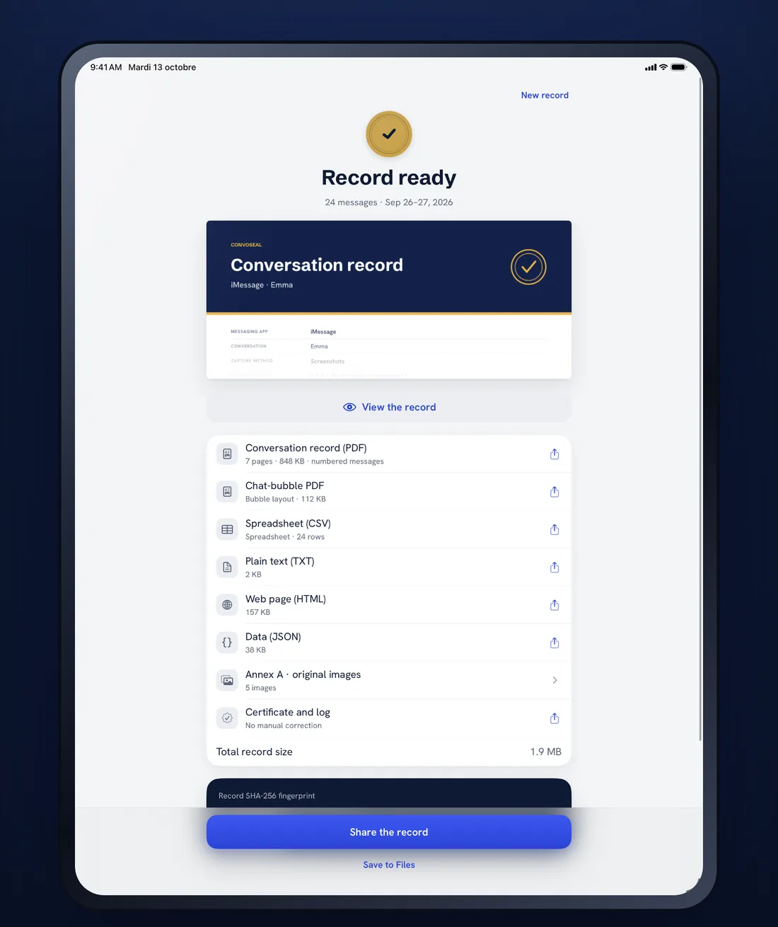 Convoseal on iPad: creating the record from a screen recording or screenshots.