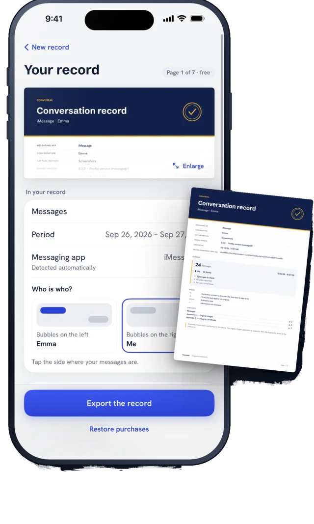 Convoseal on iPhone: the record, with a free preview of page 1 and the PDF cover page.