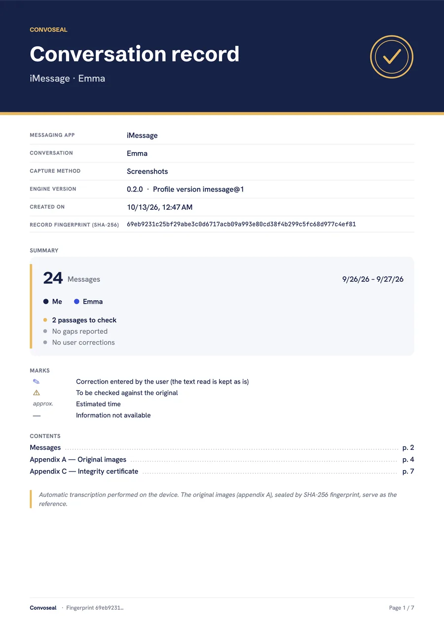 Cover page of a Convoseal PDF record: title, messaging app, period and number of messages.