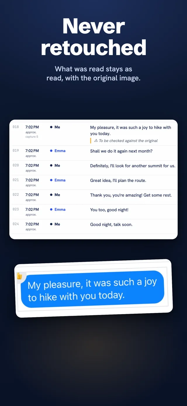 Messages as read, with the original image alongside and uncertain lines flagged.