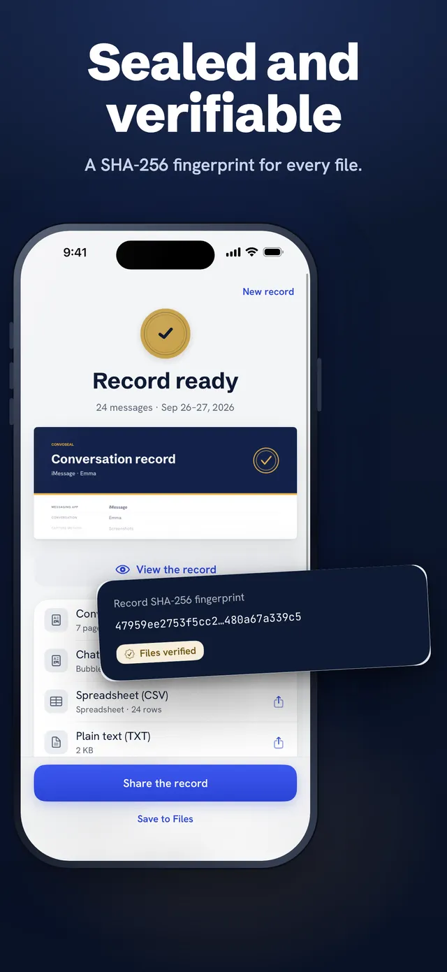 The record is ready: files, annexes and certificate, with a SHA-256 fingerprint for each file.