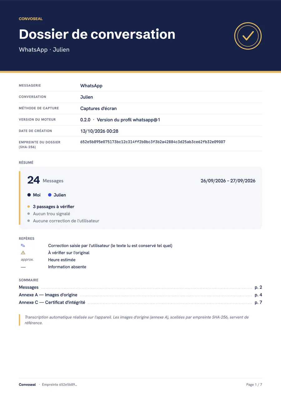 Page de garde d'un dossier PDF Convoseal : titre, messagerie, période et nombre de messages.
