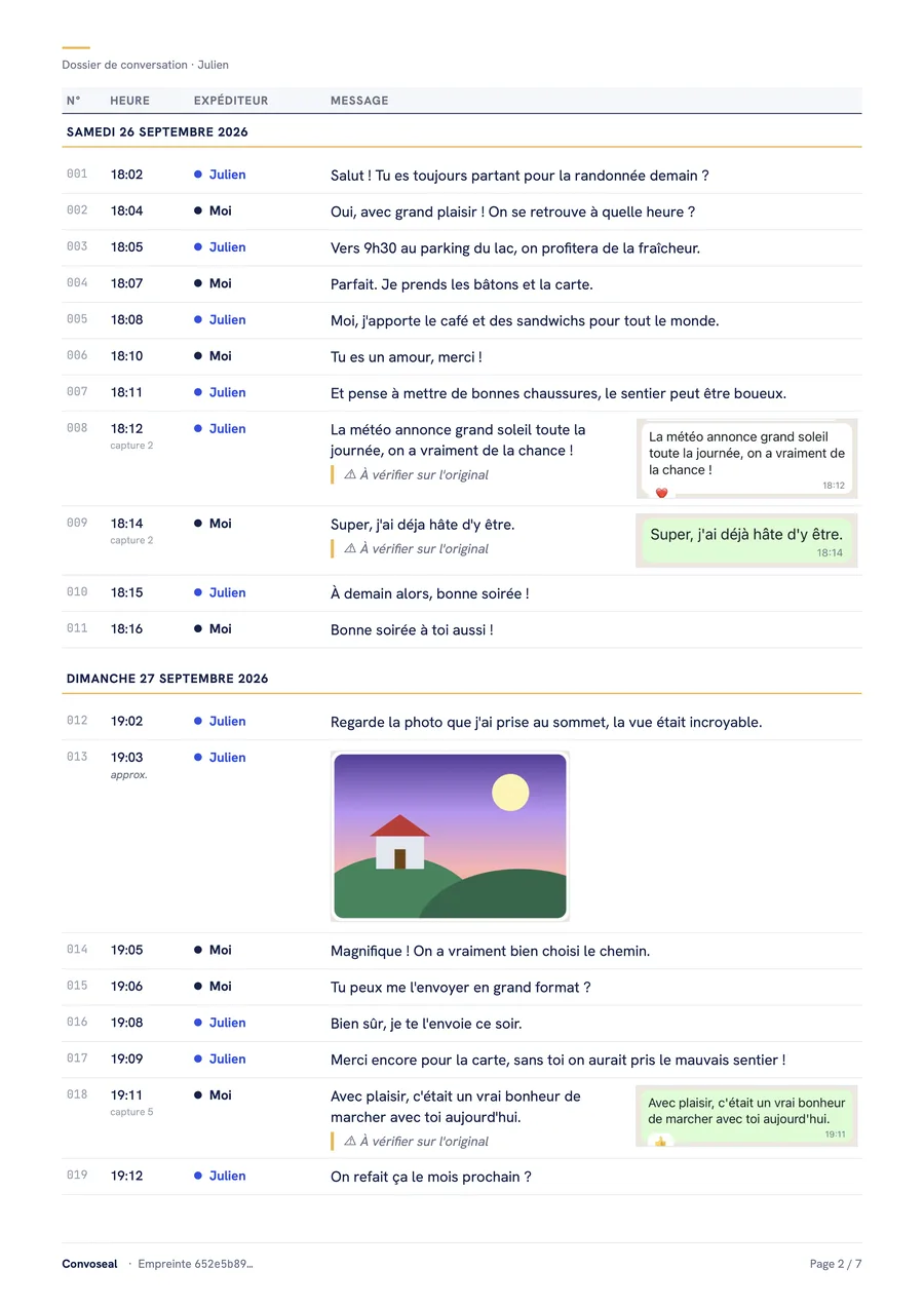 Page de messages d'un dossier PDF Convoseal : messages numérotés avec date, heure et expéditeur.