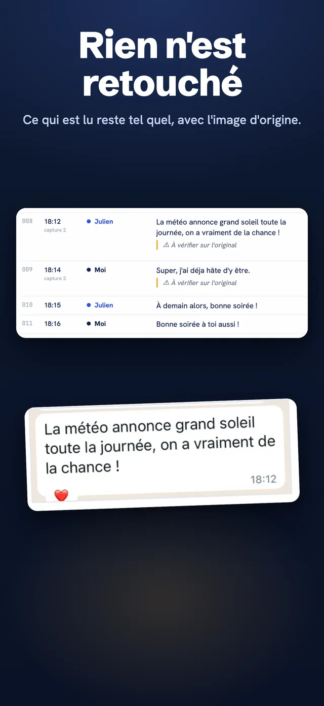 Messages tels que lus, avec l'image d'origine à côté et les lignes incertaines signalées.