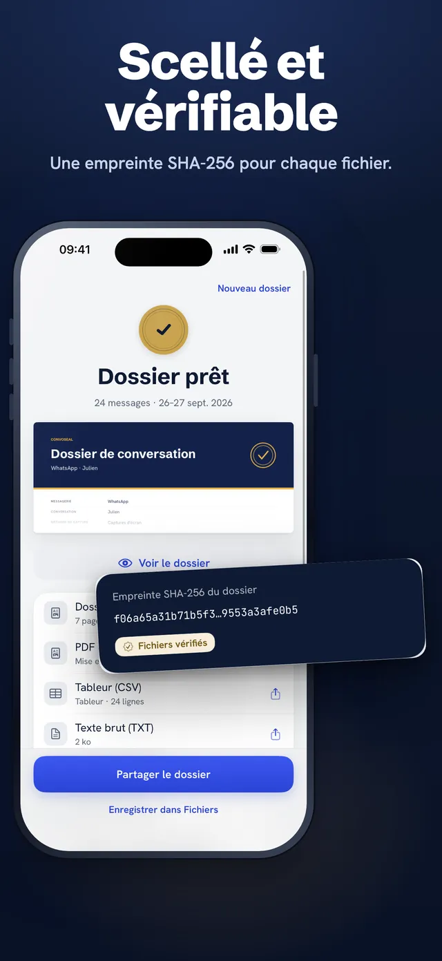 Le dossier est prêt : fichiers, annexes et certificat, avec une empreinte SHA-256 pour chaque fichier.