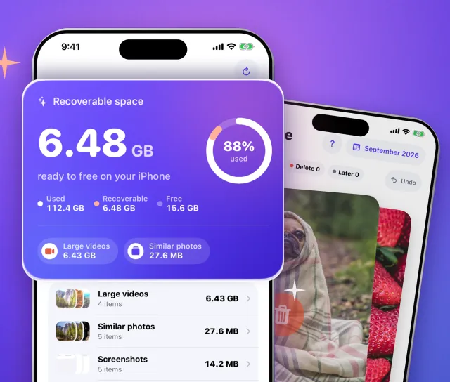 Tidyo Home screen after a scan: 6.48 GB of recoverable space, with large videos, similar photos and screenshots listed by size