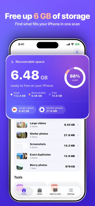 Free up 6 GB of storage. Find what fills your iPhone in one scan.