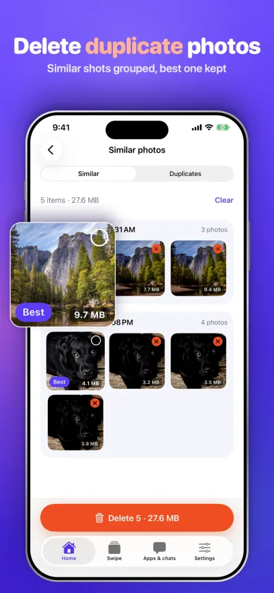 Delete duplicate photos. Similar shots grouped, best one kept.