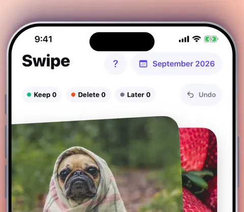 Swipe screen: a photo card with Delete, Later and Keep