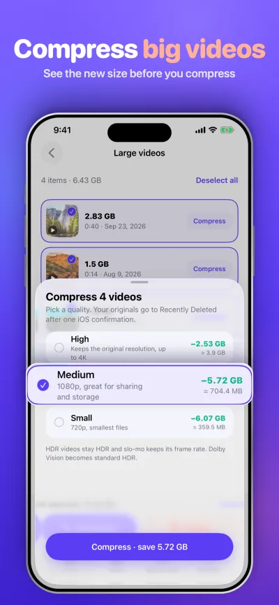 Compress big videos. See the new size before you compress.
