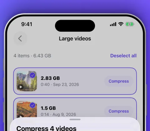 Large videos list with the size of each video and a Compress button