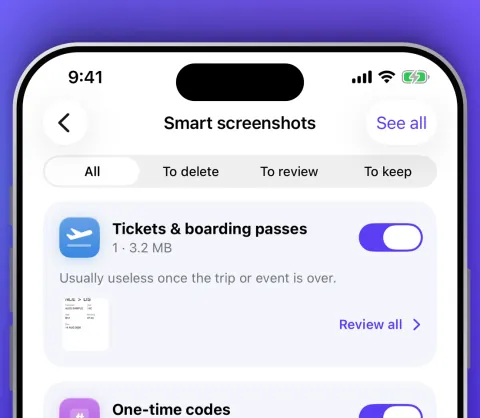 Smart screenshots grouped into tickets and boarding passes, one-time codes and more