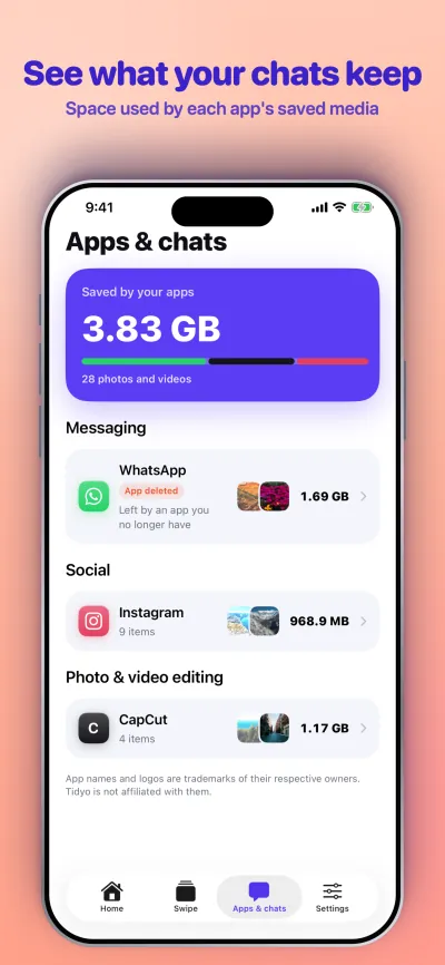 See what your chats keep. Space used by each app's saved media.