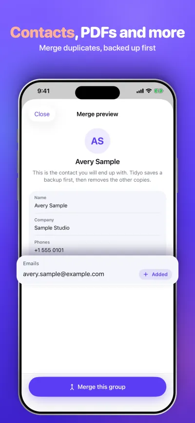 Contacts, PDFs and more. Merge duplicates, backed up first.