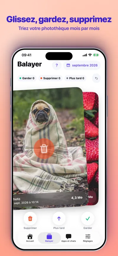 Glissez, gardez, supprimez. Triez votre photothèque mois par mois.