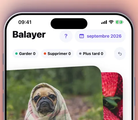 Écran Balayer : une photo avec Supprimer, Plus tard et Garder