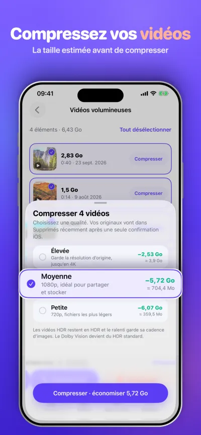 Compressez vos vidéos. La taille estimée avant de compresser.