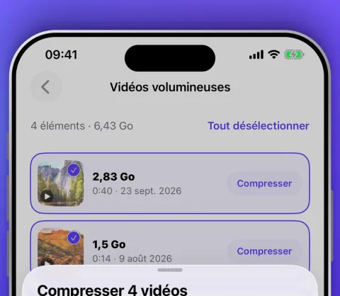Liste des vidéos volumineuses avec la taille de chacune et un bouton Compresser