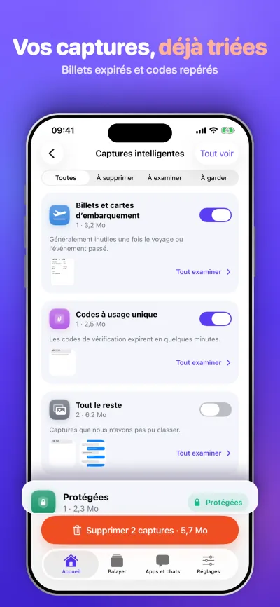 Vos captures, déjà triées. Billets expirés et codes repérés.