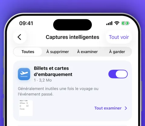 Captures d’écran intelligentes classées : billets et cartes d’embarquement, codes à usage unique…