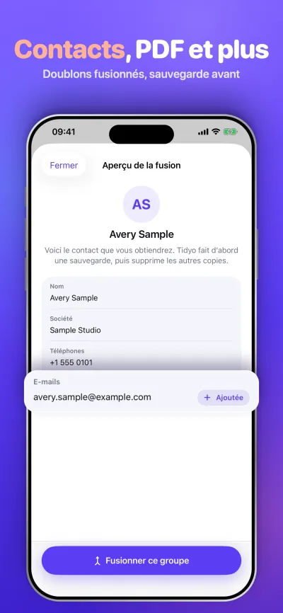 Contacts, PDF et plus. Doublons fusionnés, sauvegarde avant.